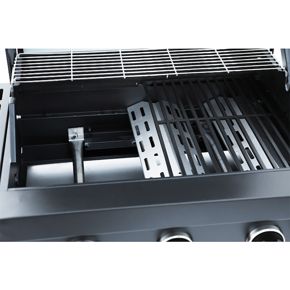 Gratar gaz Rookie 3.1 LANDMANN, 2 arzatoare principale 2 x 2.9 kW + arzator lateral 3.0 kW, suprafata de gatit 48.5 x 37.5 cm, 128.5 x 54 cm, negru