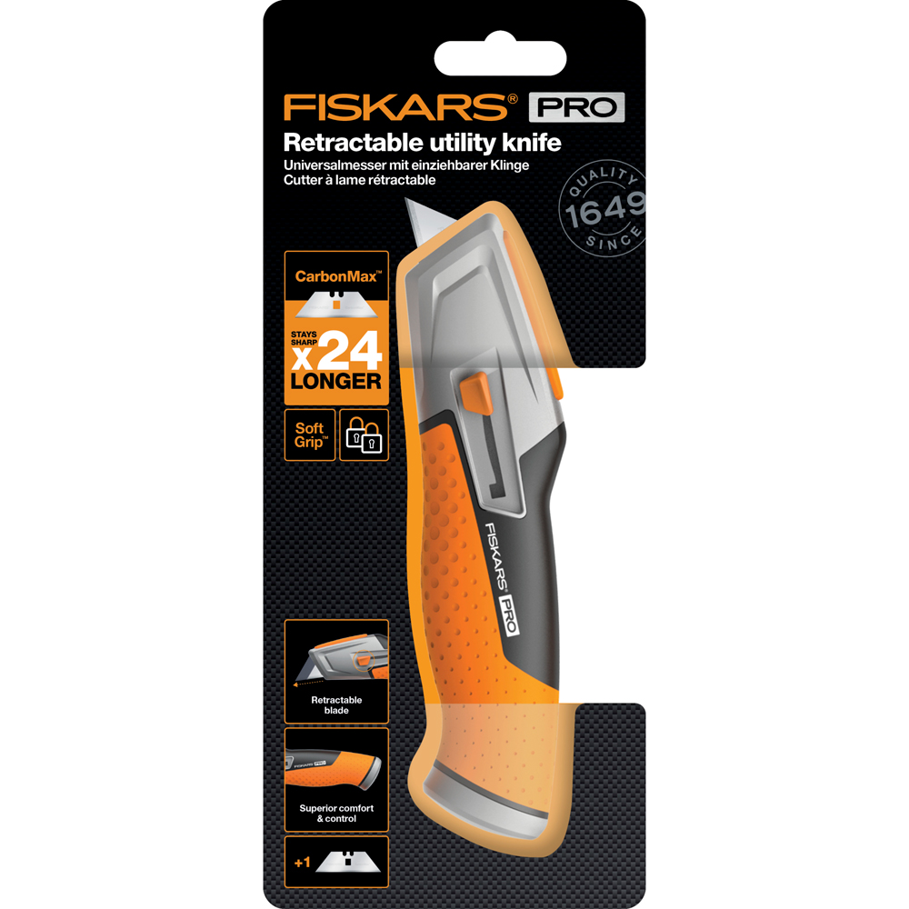 Cutit utilitar FISKARS CarbonMax, lama retractabila, metal, negru