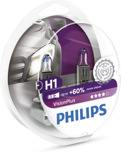 Bec auto far halogen PHILIPS H1 Vision Plus+60%, 12V, 55W, P14.5S, set 2 bucati