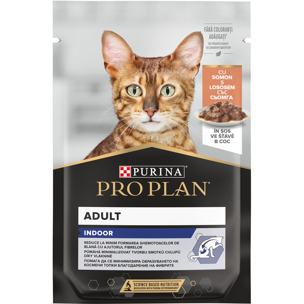 Hrana umeda pentru pisici PURINA PRO PLAN Indoor, Adult, Somon in sos, 85 g