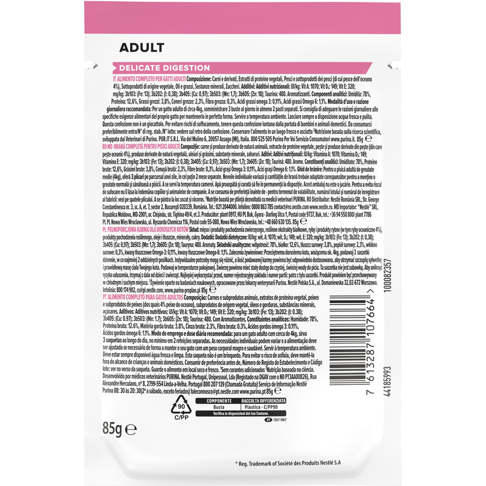 Hrana umeda pentru pisici PURINA PRO PLAN Delicate Digestion, Adult, Peste in sos, 85 g