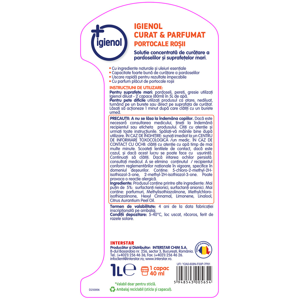 Solutie de curatare pardoseli IGIENOL Curat & Parfumat, Portocale rosii, 1 l