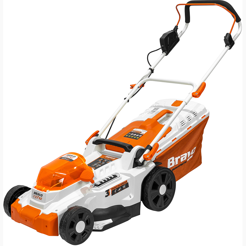 Masina de tuns iarba pe acumulator RURIS Bravo 137XE, Electrica, 4Ah, 20V, latime taiere 37 cm, cos 35L, portocaliu