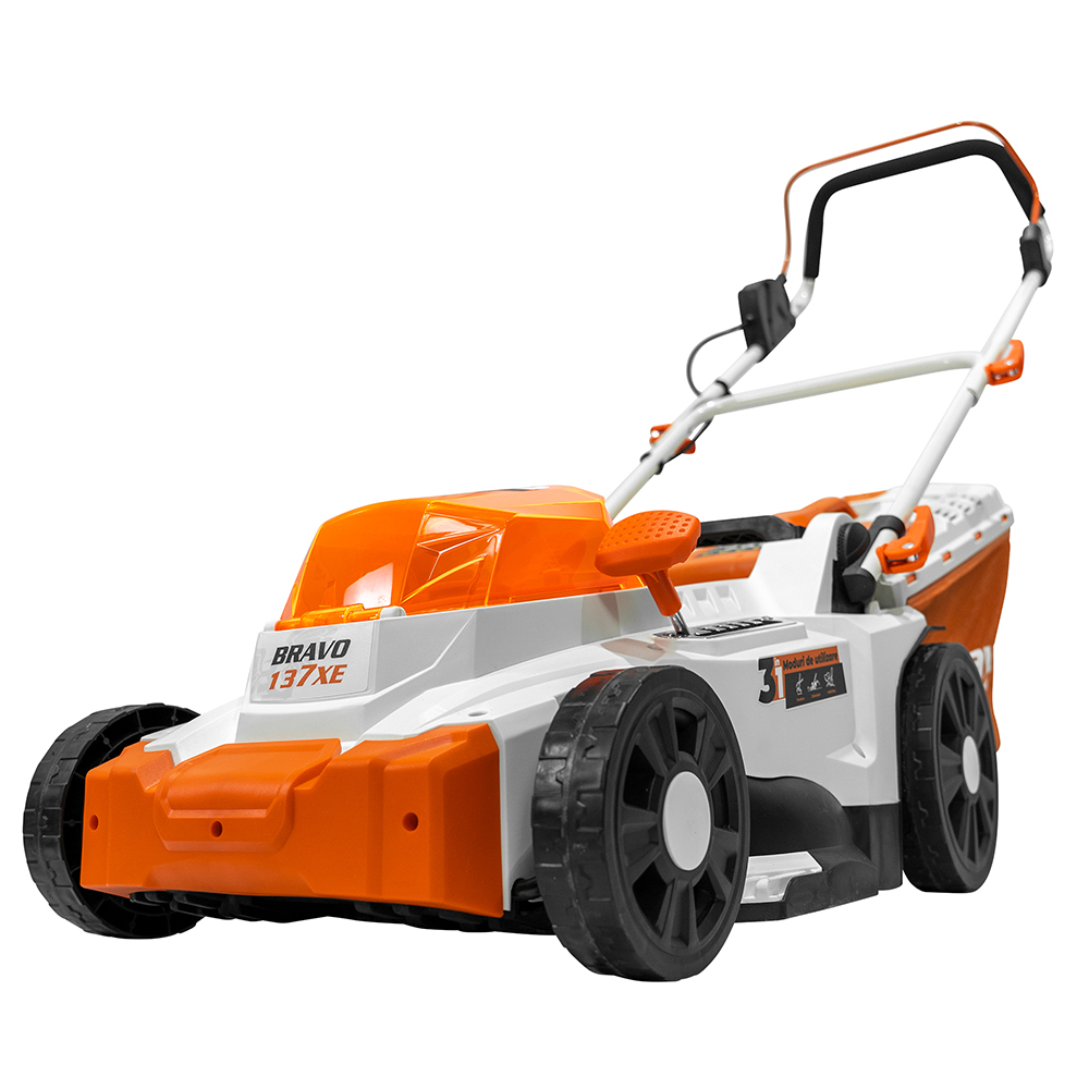 Masina de tuns iarba pe acumulator RURIS Bravo 137XE, Electrica, 4Ah, 20V, latime taiere 37 cm, cos 35L, portocaliu