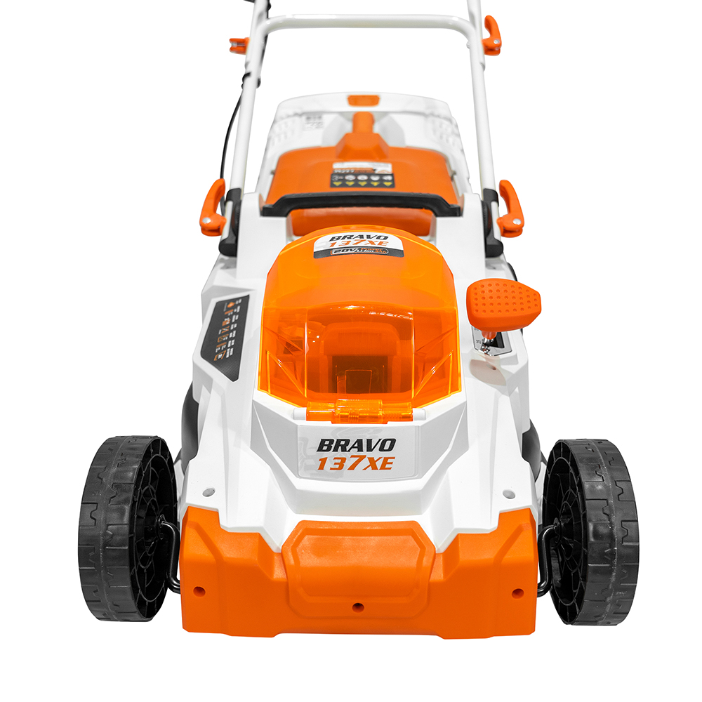 Masina de tuns iarba pe acumulator RURIS Bravo 137XE, Electrica, 4Ah, 20V, latime taiere 37 cm, cos 35L, portocaliu