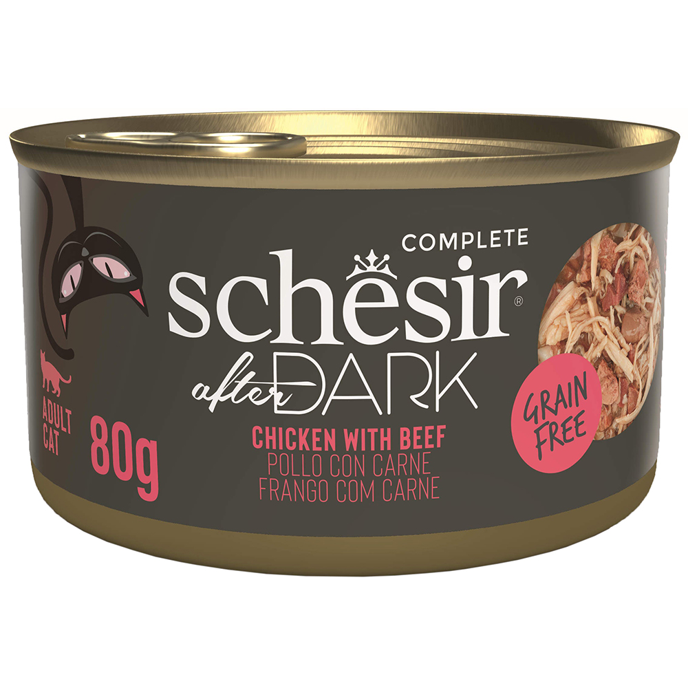 Hrana umeda pentru pisici SCHESIR After Dark, Adult, Pui si Vita, 12 x 80 g