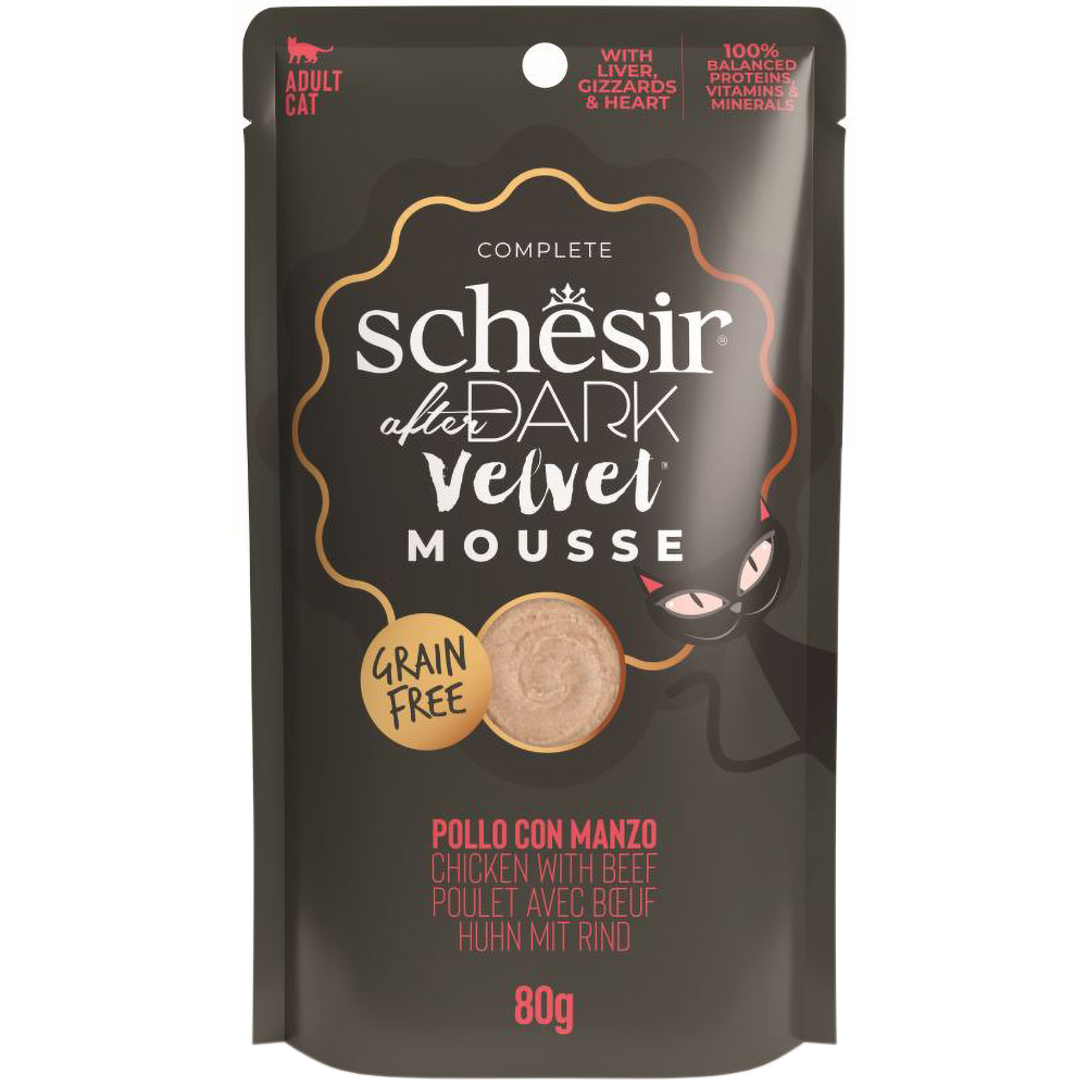 Hrana umeda pentru pisici SCHESIR After Dark Mousse, Adult, Pui si Vita, 12 x 80 g