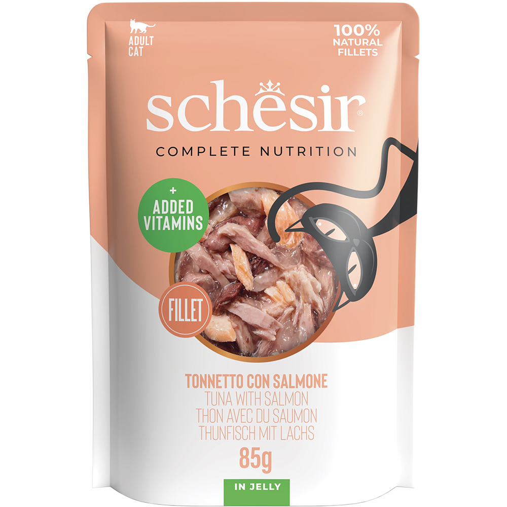 Hrana umeda pentru pisici SCHESIR, Adult, Ton si Somon in aspic, 85 g