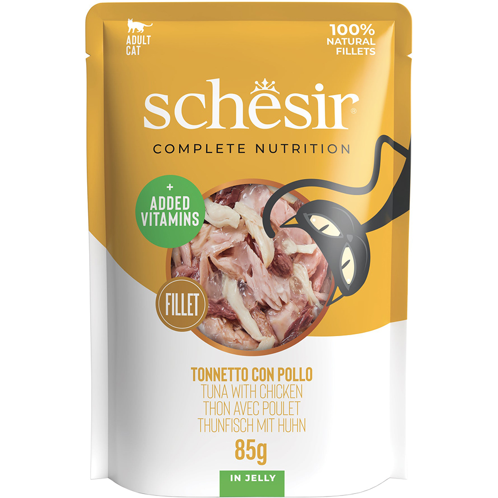 Hrana umeda pentru pisici SCHESIR, Adult, Ton si Pui in aspic, 85 g