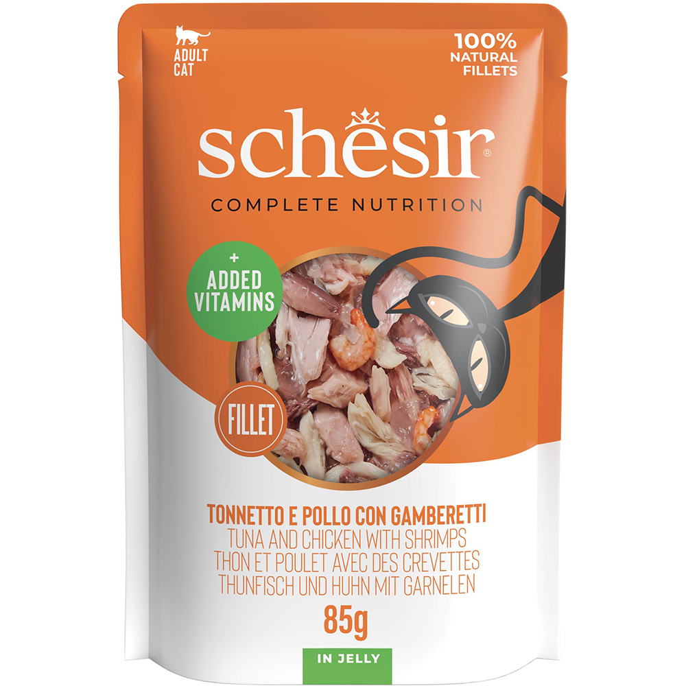 Hrana umeda pentru pisici SCHESIR, Adult, Ton, Pui si Creveti in aspic, 85 g