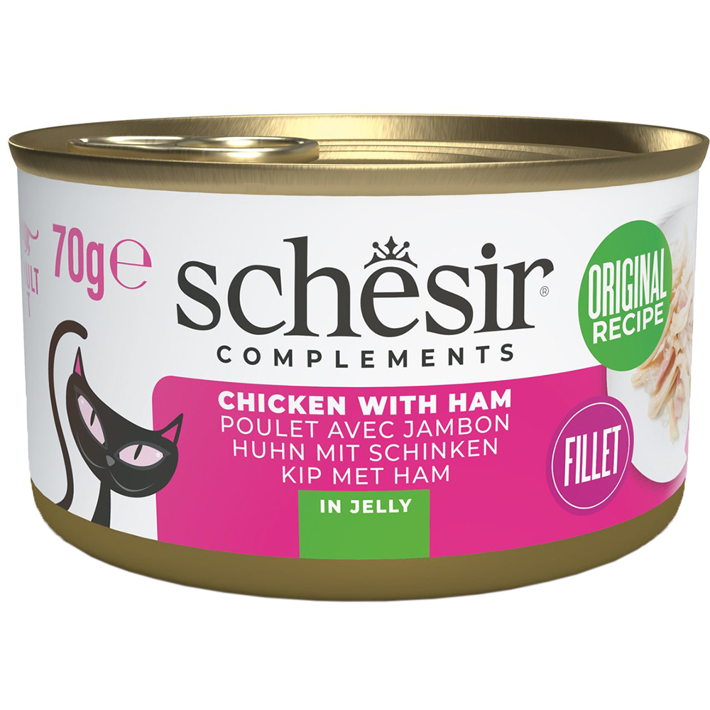 Hrana umeda pentru pisici SCHESIR, Adult, Pui si Sunca in aspic, 70 g