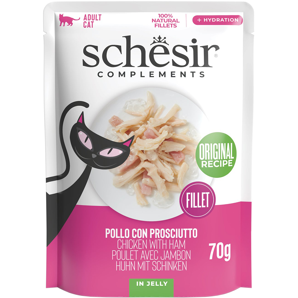 Hrana umeda pentru pisici SCHESIR, Adult, Pui si Sunca in aspic, 70 g