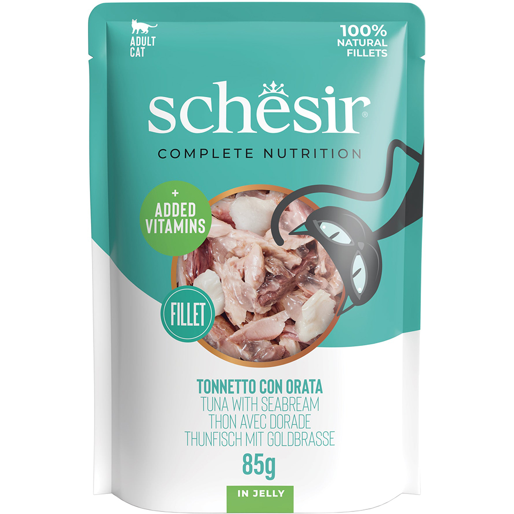 Hrana umeda pentru pisici SCHESIR, Adult, Ton si Dorada in aspic, 85 g