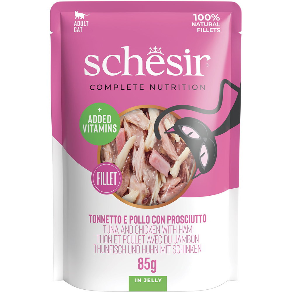 Hrana umeda pentru pisici SCHESIR, Adult, Ton, Pui si Sunca in aspic, 85 g