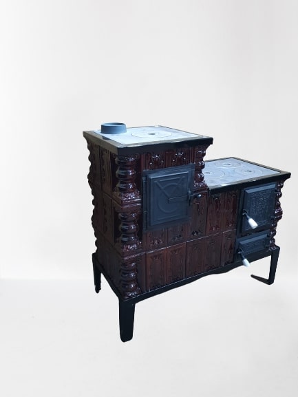 Soba teracota cu plita de gatit Bucura, tip cizma, 8 kW, 104 x 99 x 44 cm. maro inchis