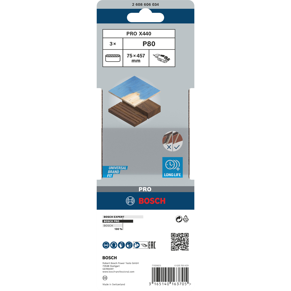 Banda abraziva BOSCH PRO, X440, 75 x 457mm, G80, 3buc