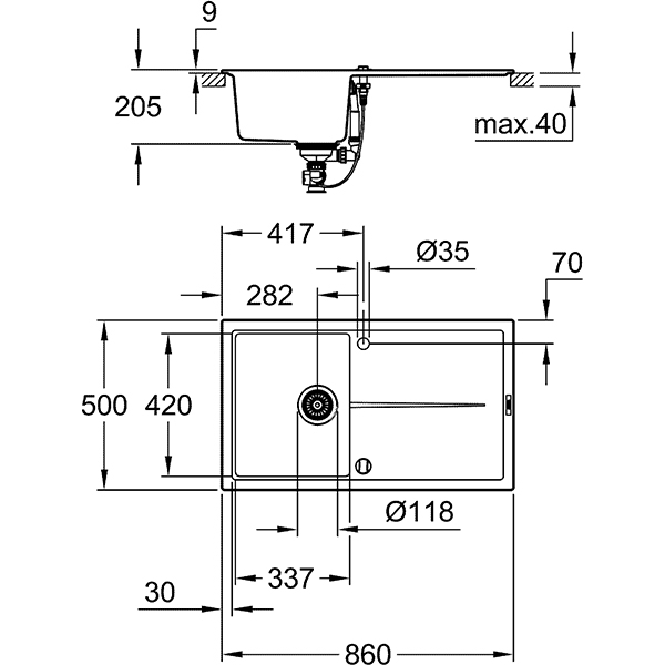 Chiuveta bucatarie GROHE K400 31640AT0, 1 cuva, picurator reversibil, compozit quartz, antracit