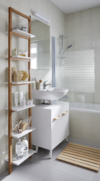 Etajera baie GoodHome Nantua, 40.5 x 20 x 190 cm, maro-alb