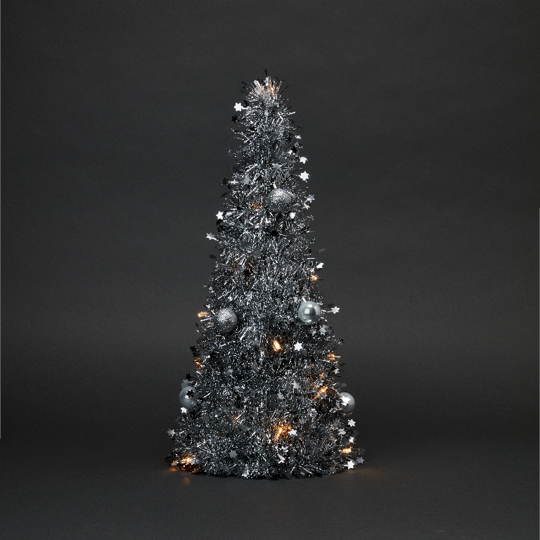 Decoratiune Mini Brad de Craciun cu beteala 20 LED-uri, 50 x 20 cm, plastic, argintiu, lumina alb cald