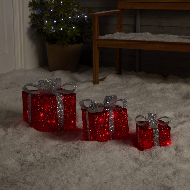 Set decorativ 3 cadouri 40 LED-uri, 25 cm, rosu, lumina alb cald