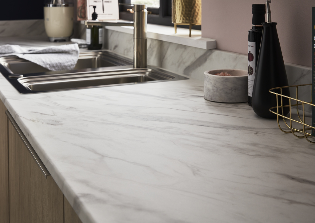 Blat bucatarie GOODHOME Agliata, PAL, 300 x 62 cm x 2.2 cm, alb marmura