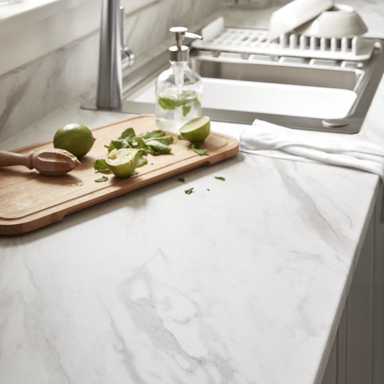 Blat bucatarie GOODHOME Agliata, PAL, 300 x 62 cm x 2.2 cm, alb marmura