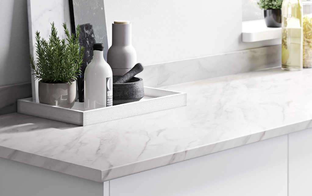 Blat bucatarie GOODHOME Agliata, PAL, 300 x 62 cm x 2.2 cm, alb marmura