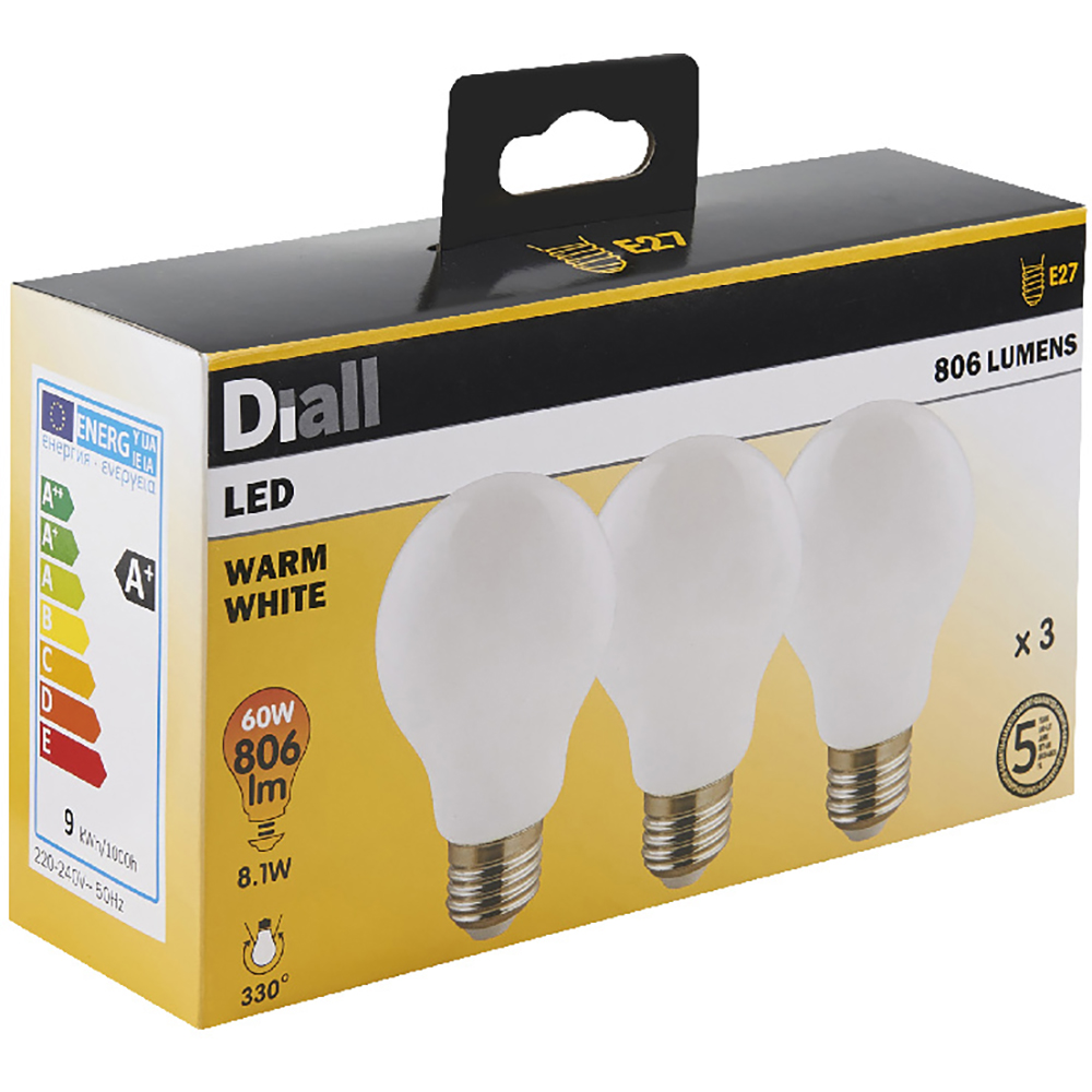 Set 3 becuri LED DIALL, E27, 8W, 806lm, 2700K, lumina calda