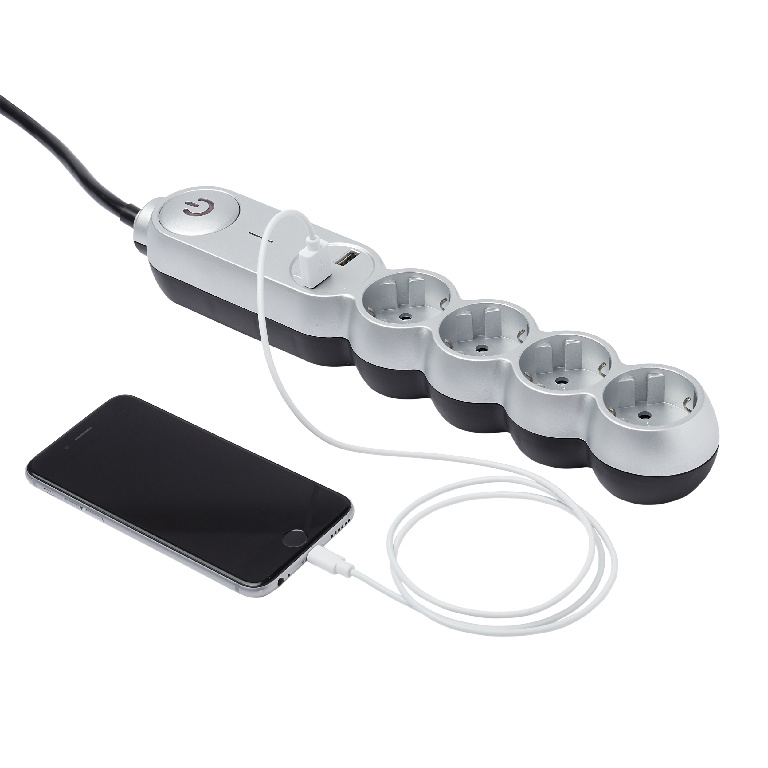 Prelungitor 4 prize, cu comutator, 2 porturi USB, gri, 16 A, 1.5 mmp x 2 m  Diall