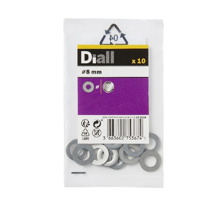 Saiba plata medie s/s A2 Diall, din otel inoxidabil M8, 10 bucati, argintiu