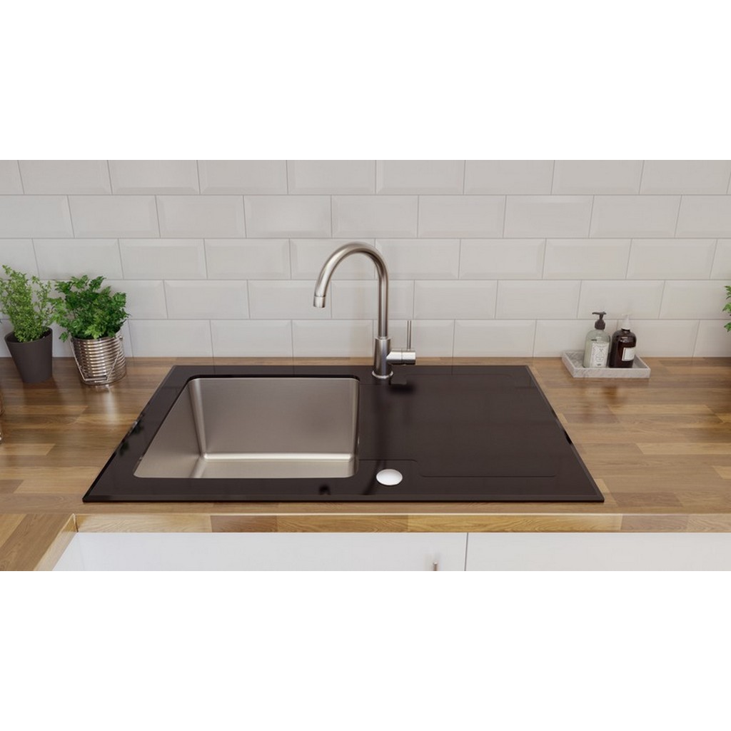 Chiuveta bucatarie Cooke & Lewis Christianna, 1 cuva, picurator reversibil, inox/sticla, negru