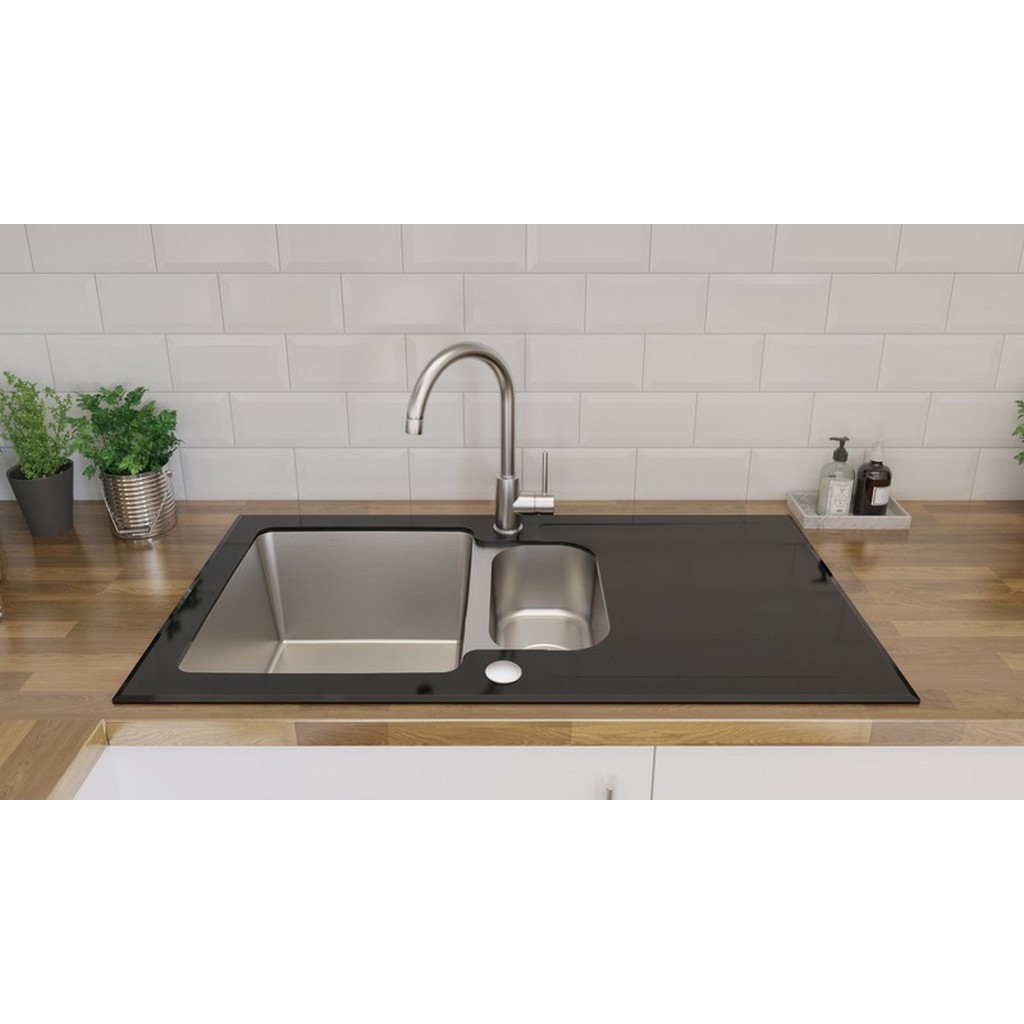 Chiuveta bucatarie COOKE & LEWIS Christianna, 1 1/2 cuve, picurator reversibil, inox/sticla, negru