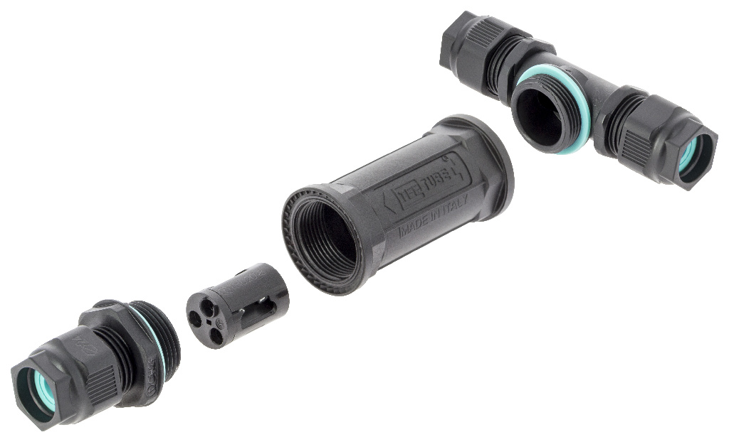 Conector in T DIALL, 12.1 x 9.1 cm, 3 poli, IP68, poliamida si TPE, negru
