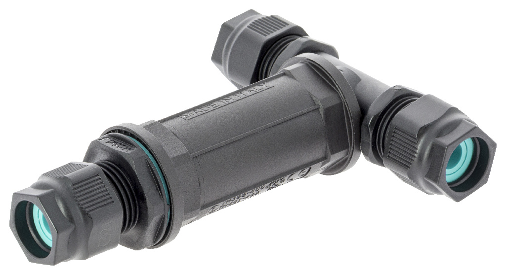 Conector in T DIALL, 12.1 x 9.1 cm, 3 poli, IP68, poliamida si TPE, negru