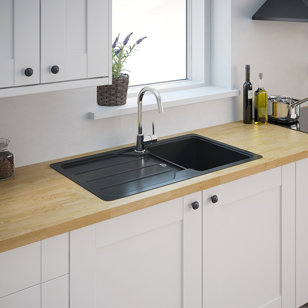 Chiuveta bucatarie Cooke & Lewis Arber, 1 cuva, picurator reversibil, compozit quartz, negru