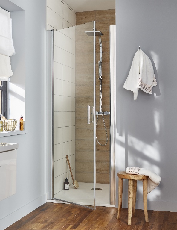 Usa dus pivotanta GoodHome Beloya, aluminiu, 80 x 195 cm, sticla securizata 8mm, profil crom