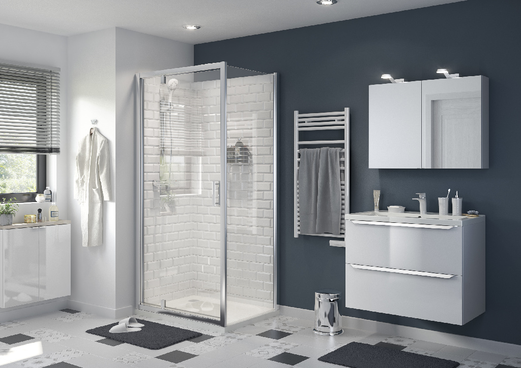 Usa dus pivotanta GoodHome Beloya, aluminiu, 100 x 195 cm, sticla securizata 8mm, profil crom