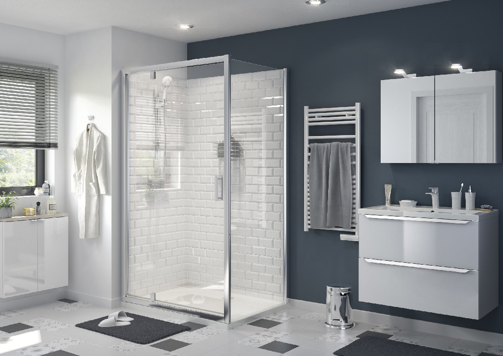 Usa dus pivotanta GoodHome Beloya, aluminiu, sticla securizata 8mm, 120 x 195 cm, crom