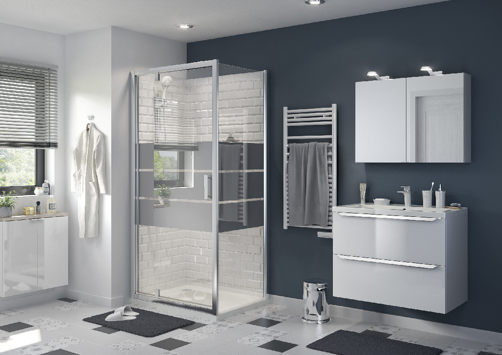Usa dus pivotanta GoodHome Beloya, aluminiu, 100 x 195 cm, sticla oglinda, profil crom