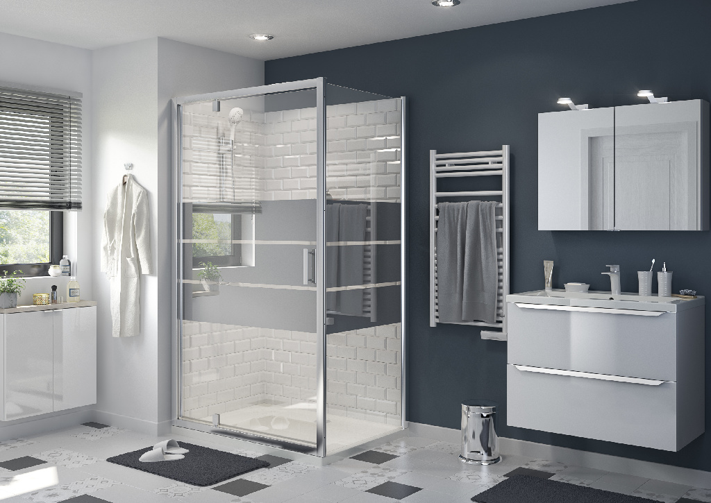 Usa dus pivotanta GoodHome Beloya, aluminiu, sticla oglinda, 120 x 195 cm, crom
