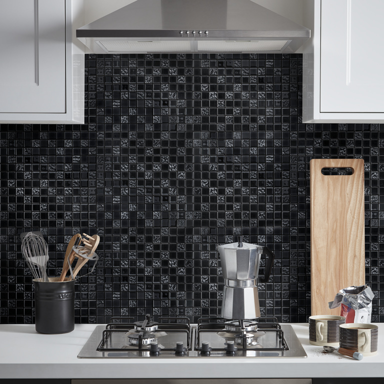 Mozaic interior, negru, sticla, patrat, 30 x 30 cm x 4 mm Flourencia