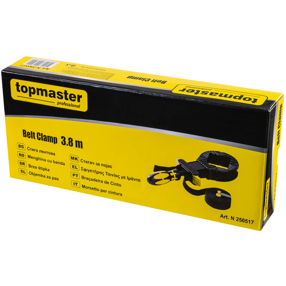 Menghina cu banda TOPMASTER, 3.8 m, pentru fixare precisa rame, galben/negru