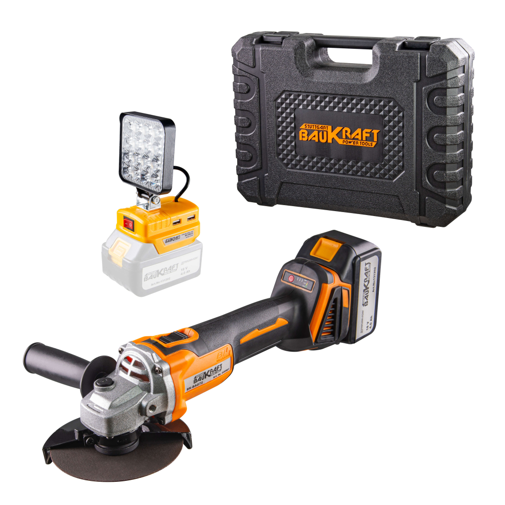 Polizor unghiular BAUKRAFT, 125 mm, 18V, 4 Ah + lanterna LED