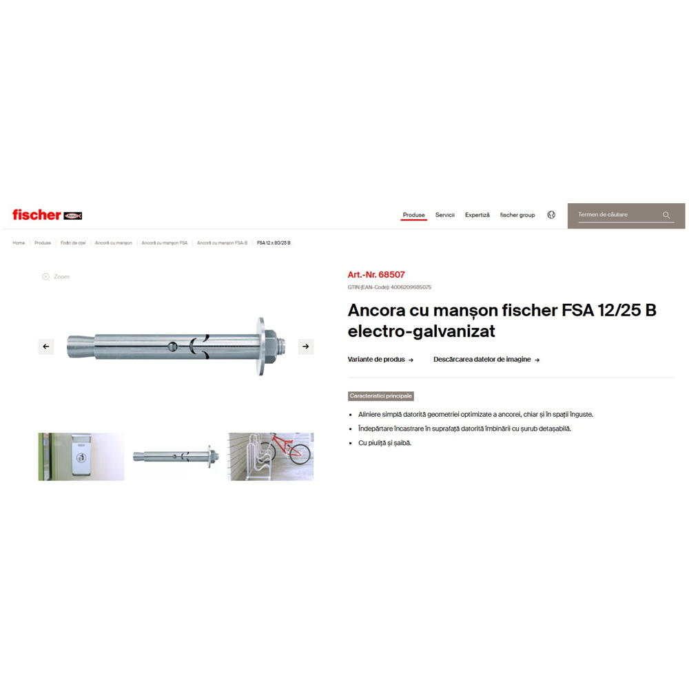 Ancora beton FISCHER FSA, 12 x 85mm, 20buc