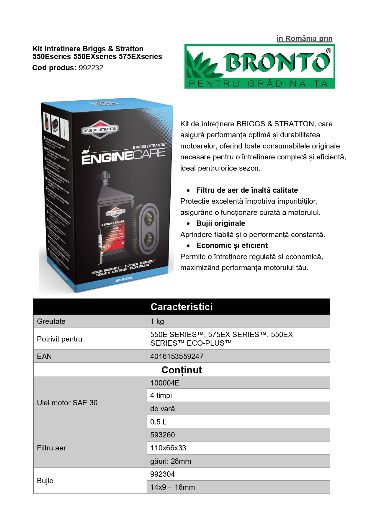 Kit ingrijire motor BRIGGS & STRATTON, ulei motor SAE 30, filtru aer, bujie, 550E, 550EX, 575EX