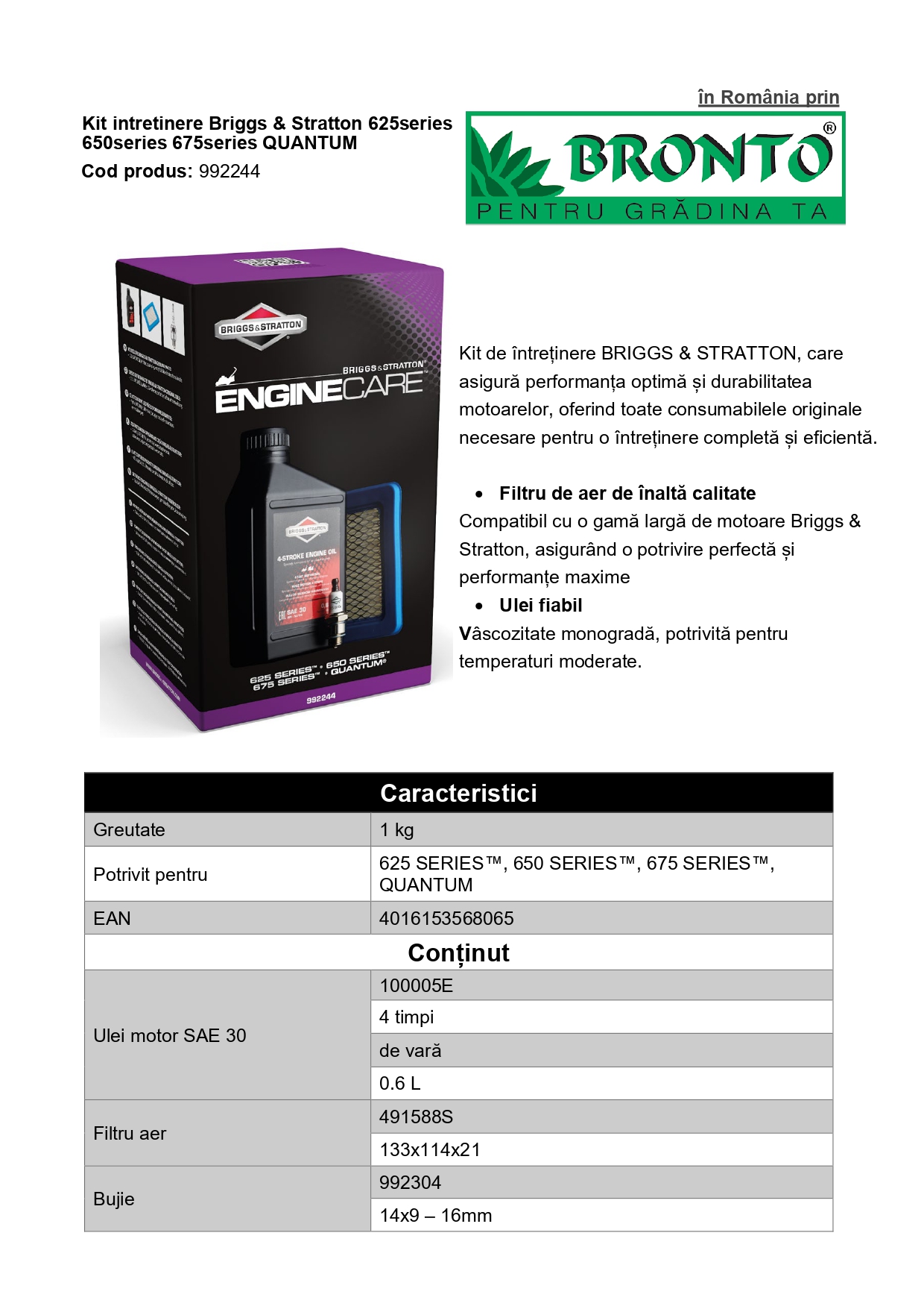 Kit intretinere motor BRIGGS & STRATTON, ulei motor SAE 30, filtru aer, bujie, 625, 650, 675 quantum