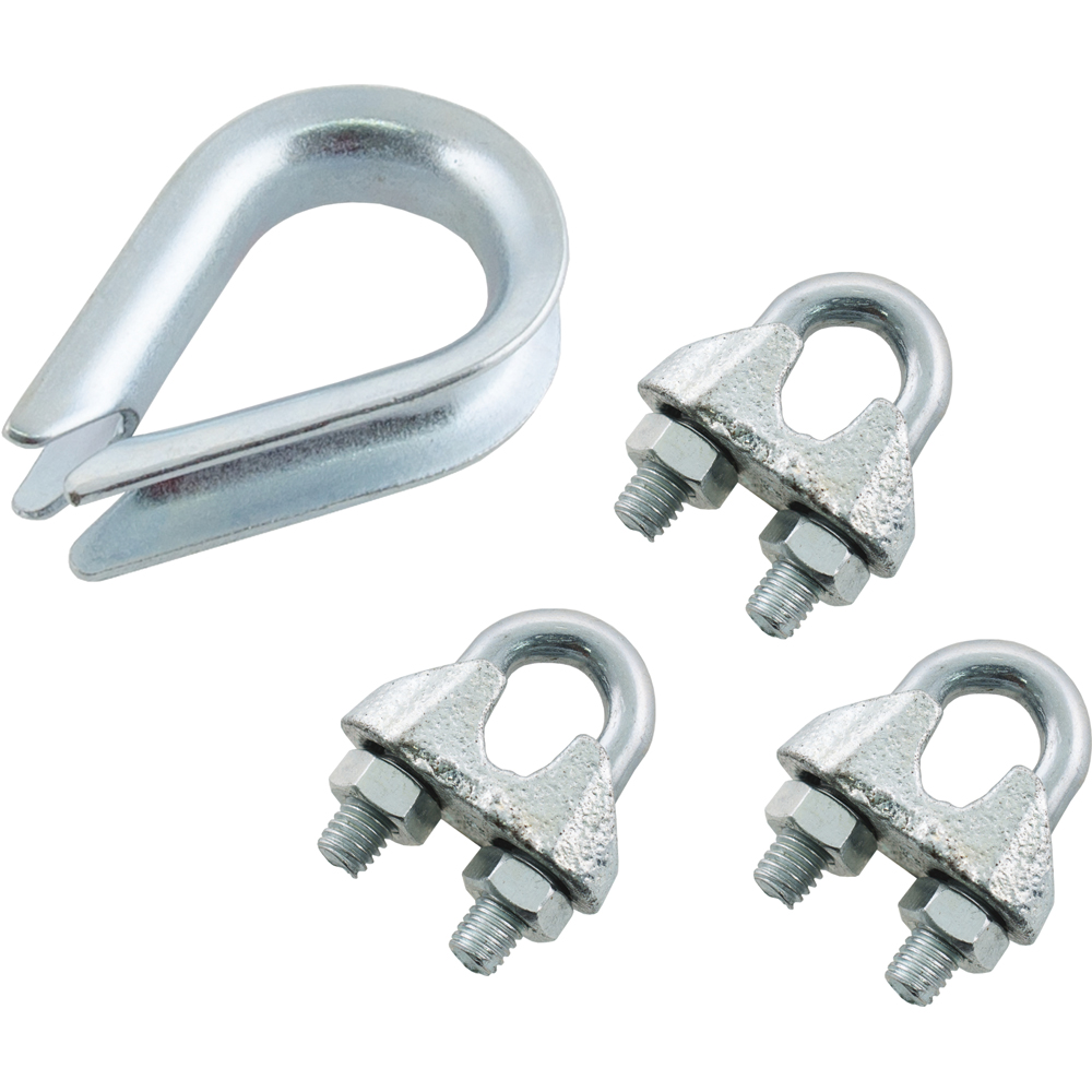 Set cleme pentru cablu SUKI, 3-4 mm, 3 cleme + 1 inel protectie bucla, otel