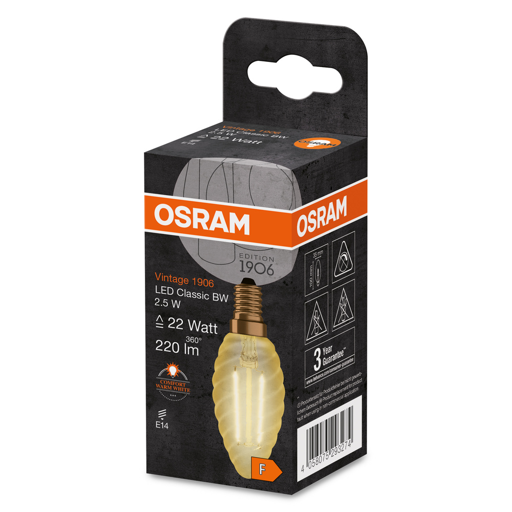 Bec LED decorativ, Osram, E14, 2.5W, 2400K, BW35, auriu
