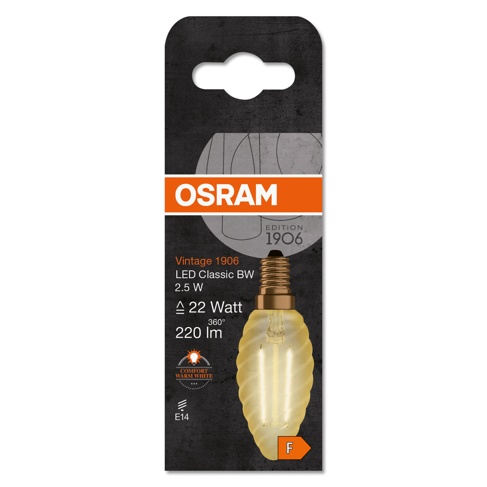 Bec LED decorativ, Osram, E14, 2.5W, 2400K, BW35, auriu