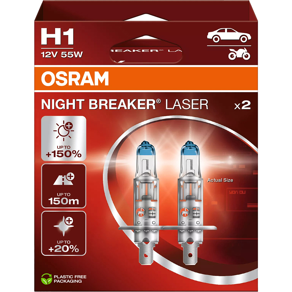 Bec auto Halogen OSRAM Night Breaker Laser, H1, 6000K, 55W, 12V, 2buc